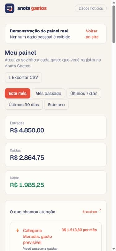 Painel demonstrativo do Anota Gastos em um celular